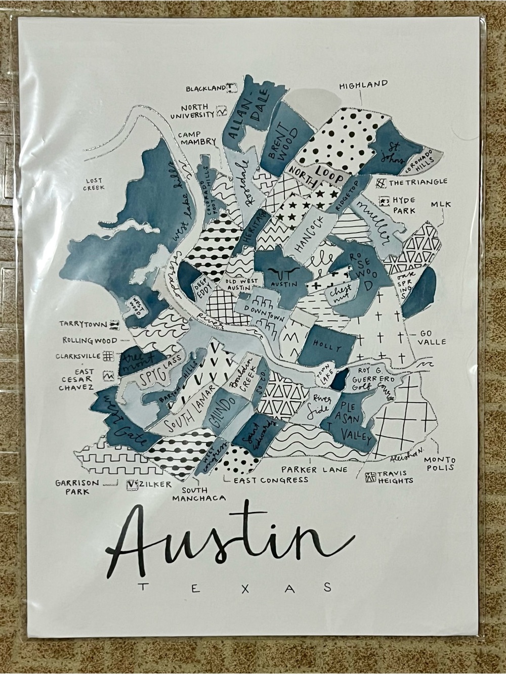 Art By Aleisha Hand-drawn Austin Texas Neighborhood Map in Blue